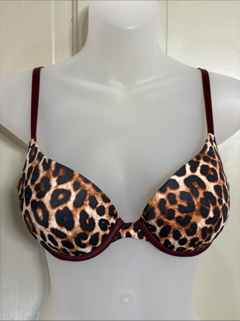PINK Leopard-Print Underwire Push-Up Bra with Burgundy Trim 32A